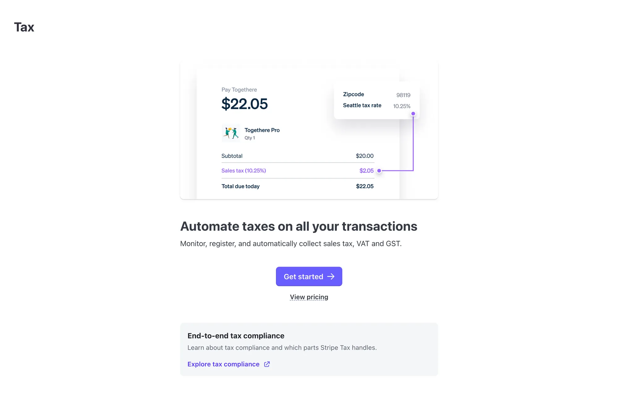 The Tax feature's home page