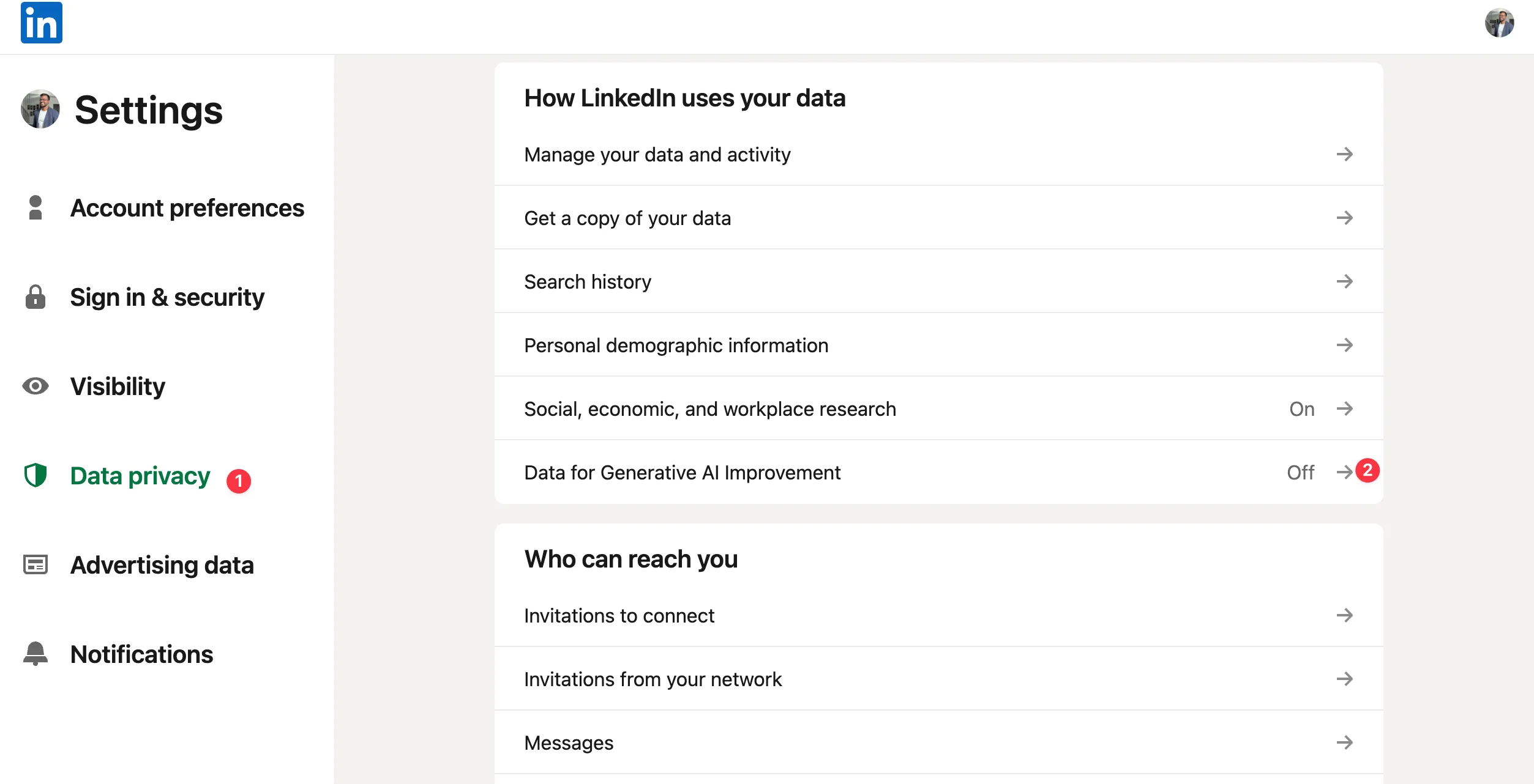 LinkedIn Settings page with Data privacy section