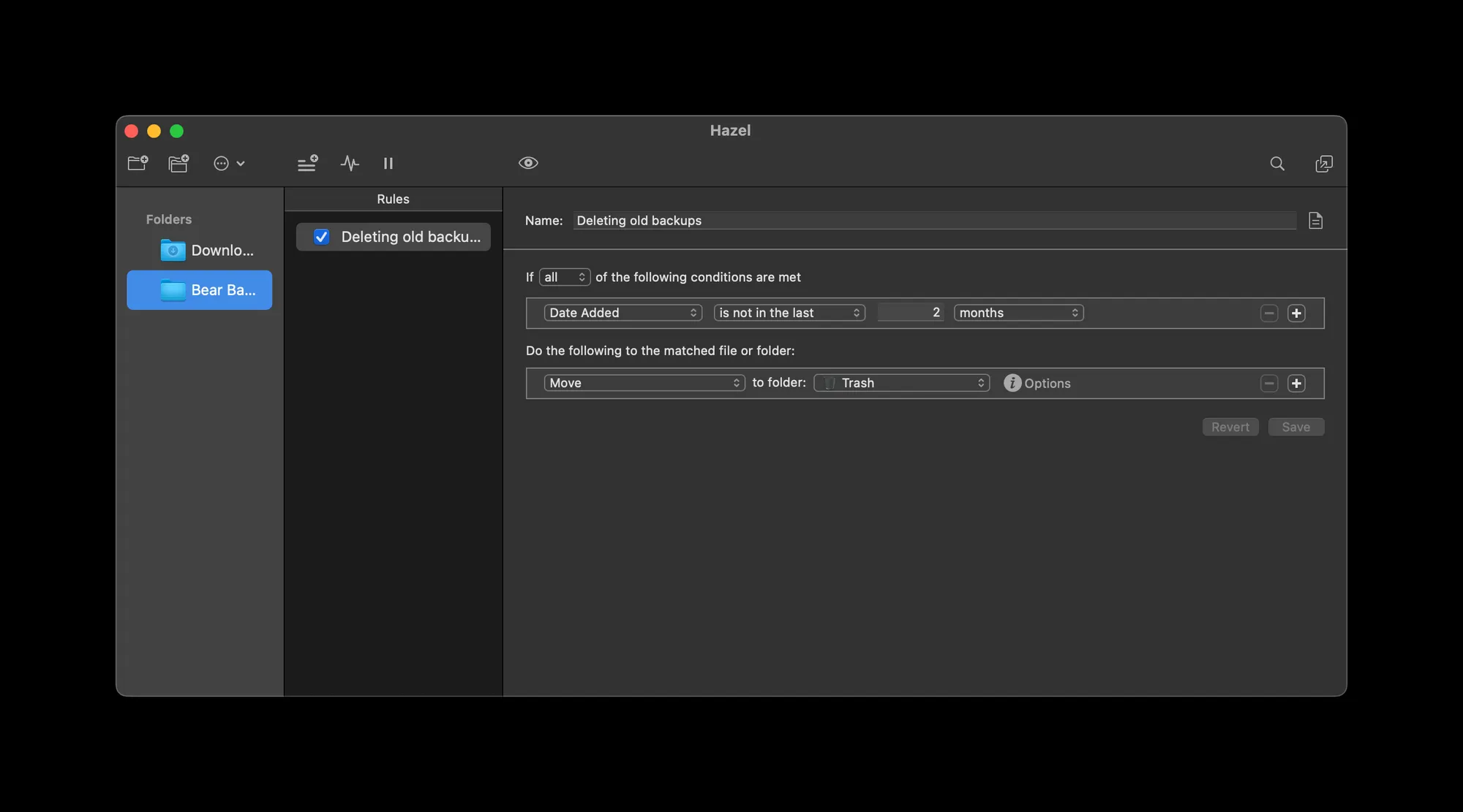 Hazel settings for deleting old backups